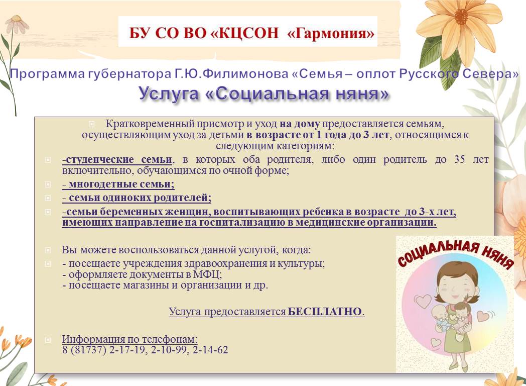 Предлагаем воспользоваться услугой "Социальная няня"